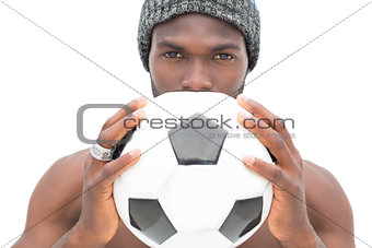 Close up portrait of a serious football fan
