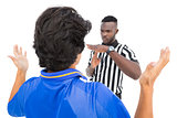 Serious referee showing time out sign to player