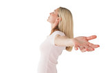 Side view of woman stretching hands