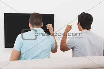 Excited soccer fans watching tv