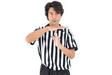 Serious referee showing time out sign