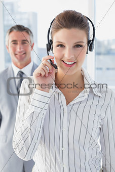 Businesswoman wearing a work headset