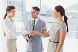 Businesswoman shaking co-workers hand