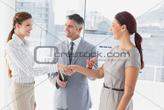 Businesswoman shaking co-workers hand