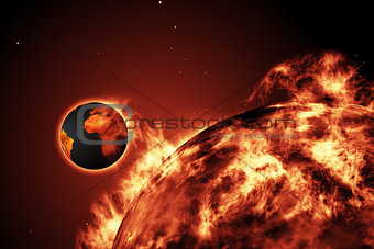 Large fire ball of the sun with earth