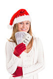 Festive blonde showing fan of dollars