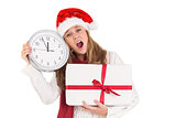 Festive blonde showing a clock and gift