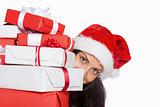 Woman holding many christmas presents