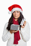 Shocked woman opening christmas present
