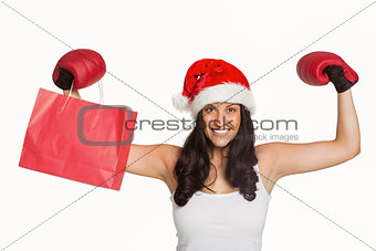 Woman wearing red boxing gloves