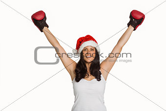 Woman wearing red boxing gloves