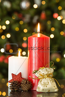 Focus on christmas candles and decorations