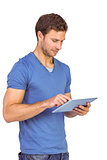 Man scrolling through tablet pc