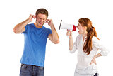 Woman shouting through a megaphone