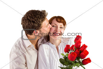 Woman getting roses from man