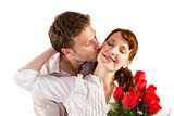 Woman getting roses from man