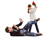 Woman throwing roses at man