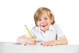 Happy child writing down homework