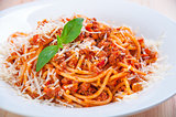 spaghetti bolognese on white plate