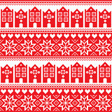 Nordic, winter seamless red pattern with houses
