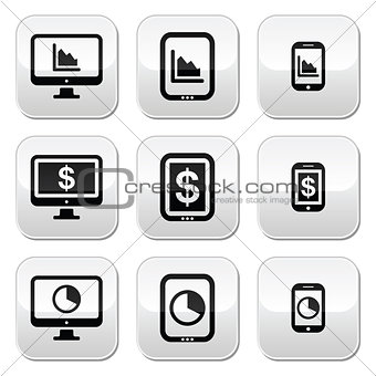 Business, chart on computer, tablet, smartphone vector buttons set