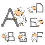 Design ABC with funny cartoon sheep. Letters from A to F