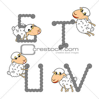 Design ABC with funny cartoon sheep. Letters from S to V