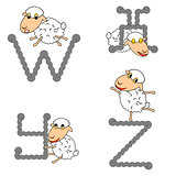 Design ABC with funny cartoon sheep. Letters from W to Z