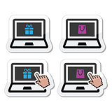 Shopping online, lapton with present and shooping bag icons set