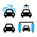 Car wash icons black and blue set - vector