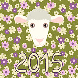 Retro card with cartoon sheep and flowers for Christmas and New Year 2015