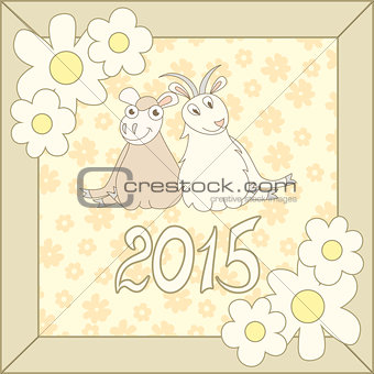Retro card with cartoon sheep and goat for Christmas and New Year 2015