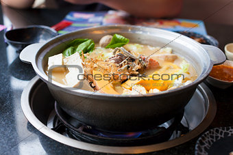 japanese and asian cuisine. hot pot on background