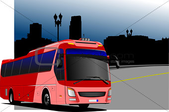 City panorama with tourist bus image. Coach. Vector illustration