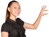 Woman holding small imaginary object with two fingers