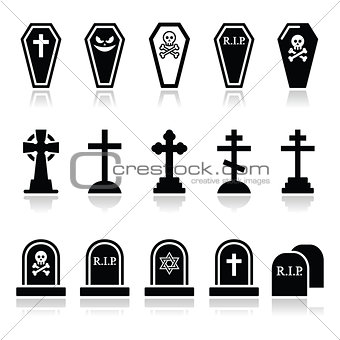 Halloween, graveyard icons set - coffin, cross, grave