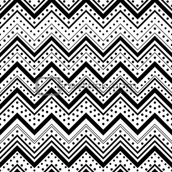 Zig zag seamless pattern with black dots and lines over white ba