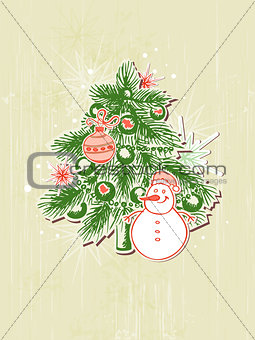 Background with green  paper fir and snowman