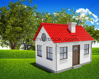 House, green field, forest and blue sky
