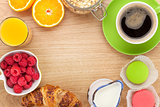 Healty breakfast with muesli, berries, orange juice, coffee and 