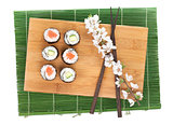 Sushi maki set with salmon and cucumber and sakura branch