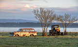 Vintage automobiles on a misty morning outback Australia