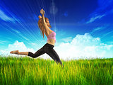 Girl jump in a sunny grass field