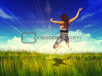 Girl jump in a sunny grass field