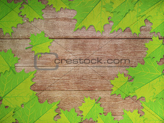 Green maple leaves over wooden background