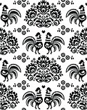 Seamless Polish, Slavic black folk art pattern with roosters - Wzory Lowickie, wycinanka