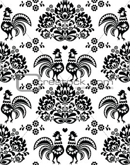Seamless Polish, Slavic black folk art pattern with roosters - Wzory Lowickie, wycinanka