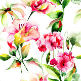 Seamless wallpaper with Geranium and Lily flowers