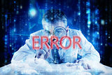 Error against lines of blue blurred letters falling