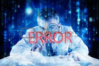 Error against lines of blue blurred letters falling
